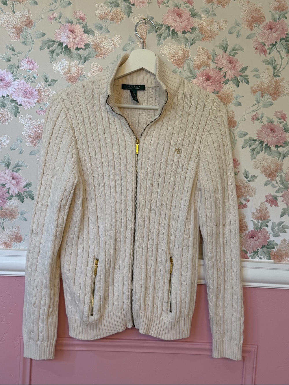 Lauren Ralph Lauren Beige Cable-Knit Zip Cardigan